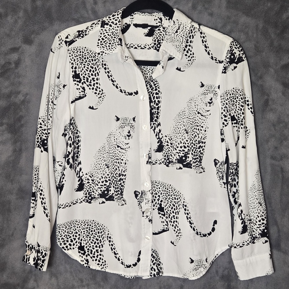 Jane and Delancey Blouse Sz Small Leopard Safari Roll Tab Button Collared Top